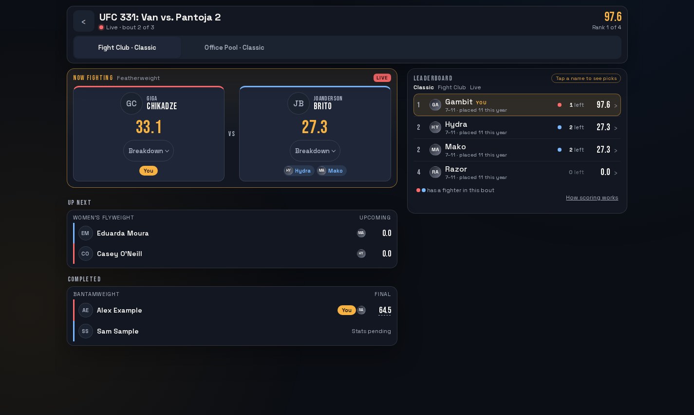 League Play Live score board showing fight results and fantasy standings
